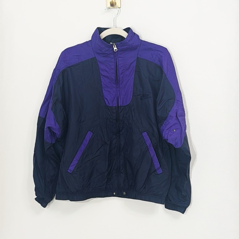 NIKE Vintage Bomber Jacket Nylon Navy/Purple Lined Zipper Front Size Medium